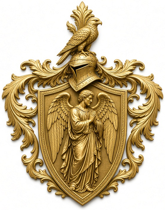 The Hendrik Engel crest: a gold shield bearing a robed angel, beneath a helm and a bird of prey, framed by gold mantling.
